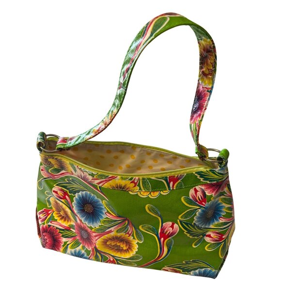Floral Green Oilcloth Shoulder Bag With Yellow Polka Dot Lining & Zipper Closure - Picture 3 of 6